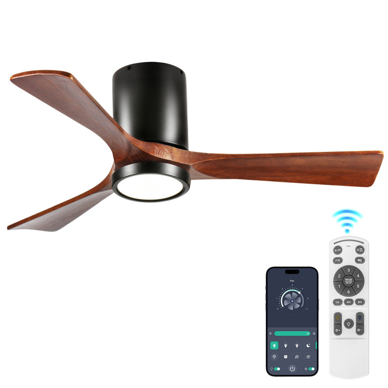 Ventilateur de plafond encastré en bois massif à 3 pales de 42 po avec lumière DEL et télécommande, Noir, Brun