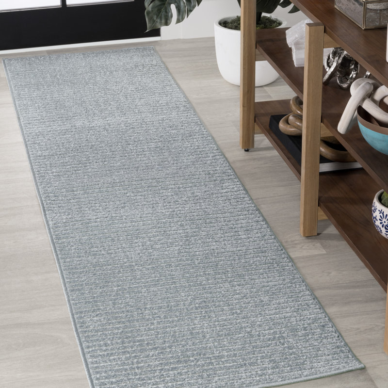 Ryansh High-Low Minimalist Scandi Striped Blue/Ivory Indoor/Outdoor Rug, Runner 2' x 8'