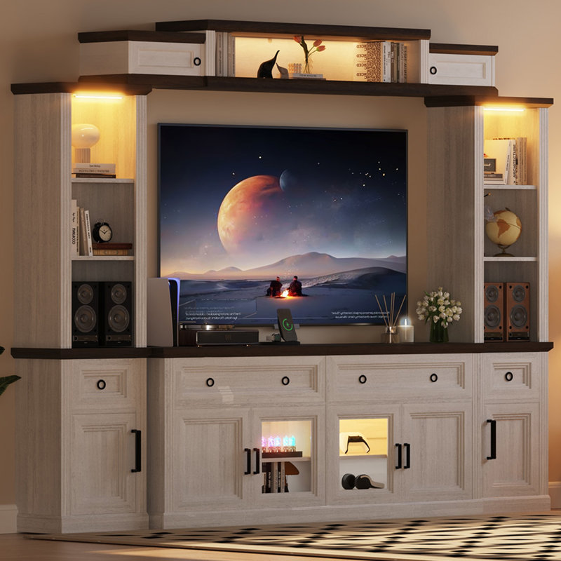 Farmhouse 4-piece Tv Stand With Bookshelves, Charging Station And Led Lights For Tvs Up To 75”, Studio Wall Unit Modern Entertainment Center With 4 Drawers And Storage Cabinets,tv Console Table Set For Living Room, Bedroom