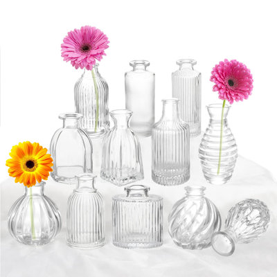 Ensemble de 12 vases à bourgeons, vase en verre pour centre de table, petits vases à fleurs, vases à fleurs transparents à rayures, vases à bourgeons modernes en vrac, vases rétro pour décoration de table de mariage