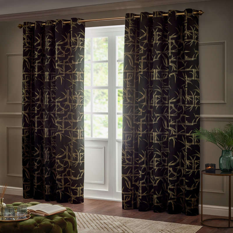 Bamboo Room Darkening Curtain Panel Pair, 229cm Width x 183cm Drop, Black