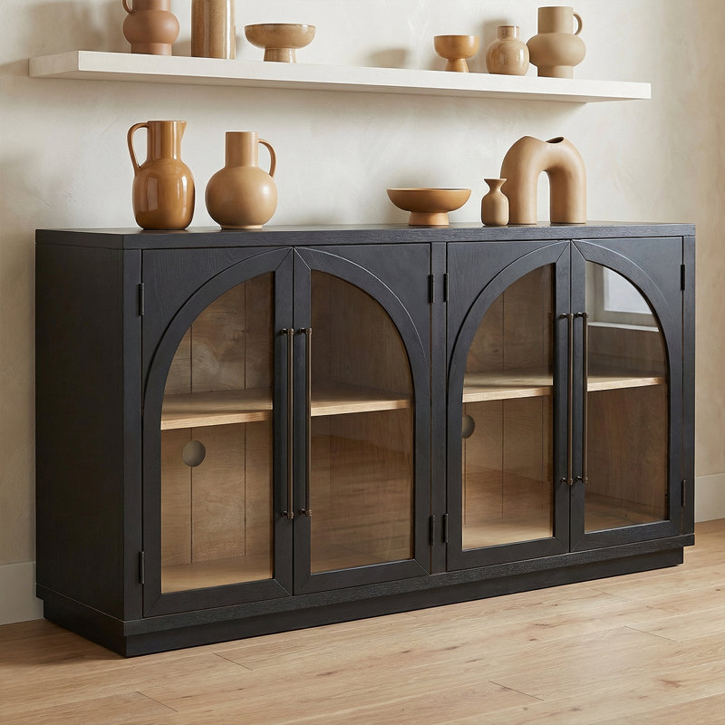 Large Storage Sideboard With Glass Doors And Unique Arched Design For Dining Room, Black