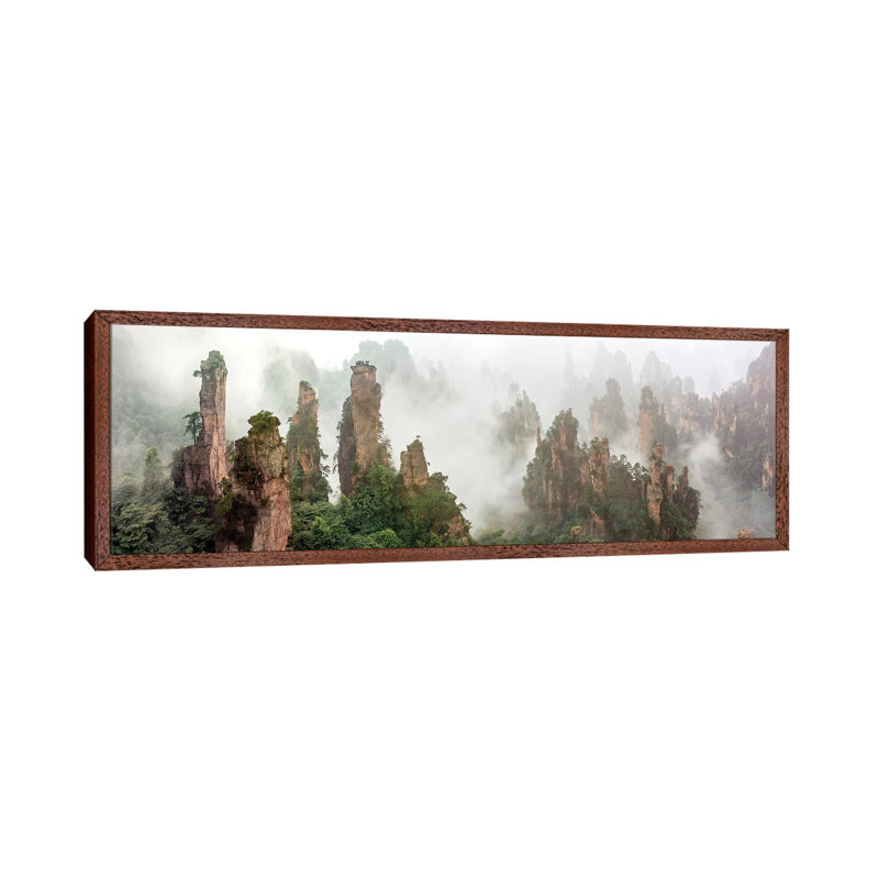 Cloud-Shrouded Zhangjiajie by Hua Zhu - Panoramic Print on Canvas, 30.48cm H x 91.44cm W x 3.81cm D, Brown Framed