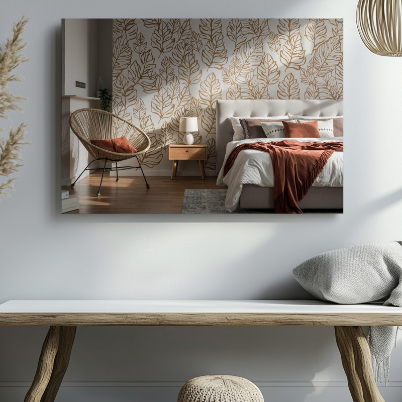 Toile une scène de chambre à coucher moderne et sereine avec un art mural texturé orné de grands motifs de feuilles élégantes