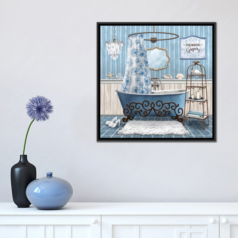 «Blue Bath Retreat I» par Conrad Knutsen, reproduction sur toile, H 18 po x l 18 po x P 1,5 po, Toile avec cadre noir
