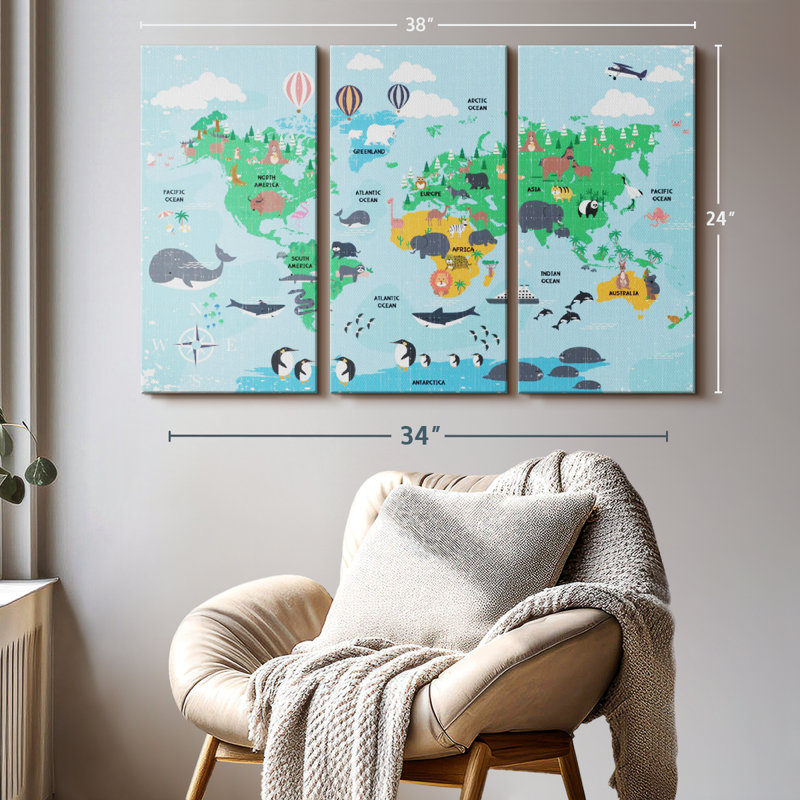 "Carte du monde pour enfants" sur toile, H 24 po x l 38 po x P 1,25 po