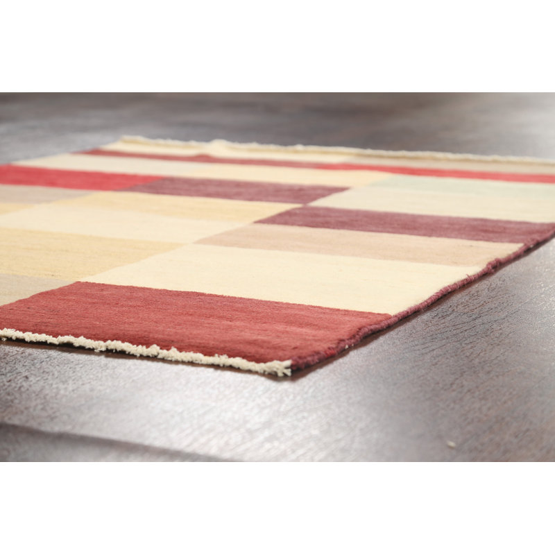Tapis beige / rouge en laine noué à la main de conception unique 4 pi 4 po x 5 pi 9 po New Age
