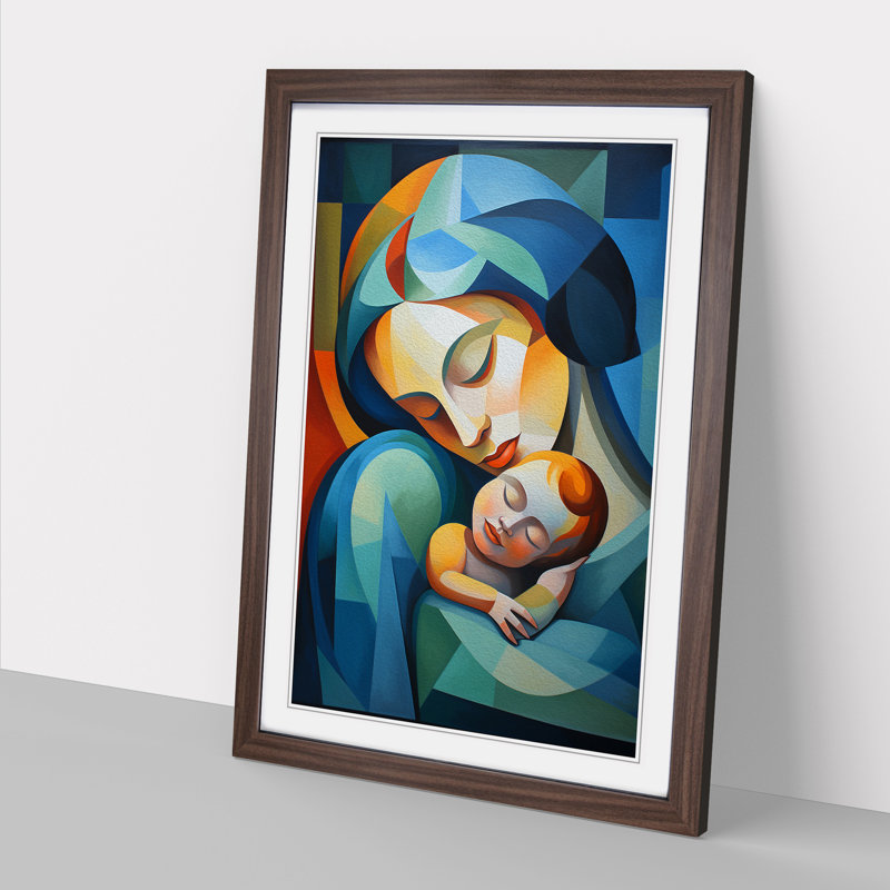 Mother And Baby Cubism No.3 - Single Picture Frame Print on Wood, Walnut Framed, 34cm H x 25cm W x 2cm D