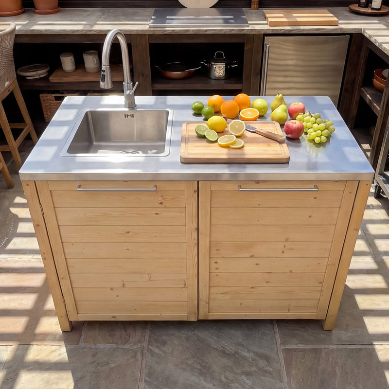 Armoire de cuisine d'extérieur en cèdre FUFU & GAGA avec évier et comptoir en acier inoxydable, station de préparation pour barbecue, terrasse et réception