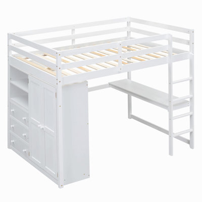 Wood Full Size Loft Bed With Built-In Wardrobe, Desk, Storage Shelves And Drawers