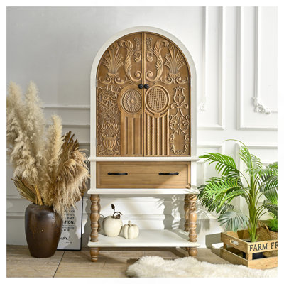 Buffet d'appoint de 80 cm (31,5 pouces) avec porte cintrée ornée de fleurs sculptées, 1 tiroir et une étagère, meuble en bois pour cuisine, salle à manger, salon