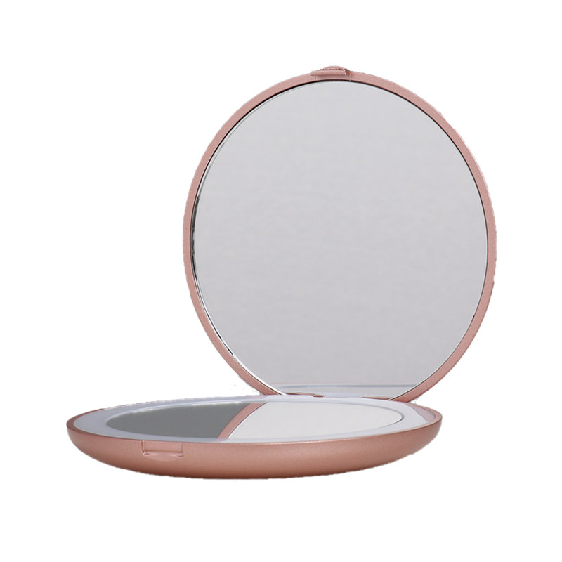Infinity LED Compact Mirror with Strip Light, Bifold Wireless Compact Mirror with Magnifying Glass, Rose Gold