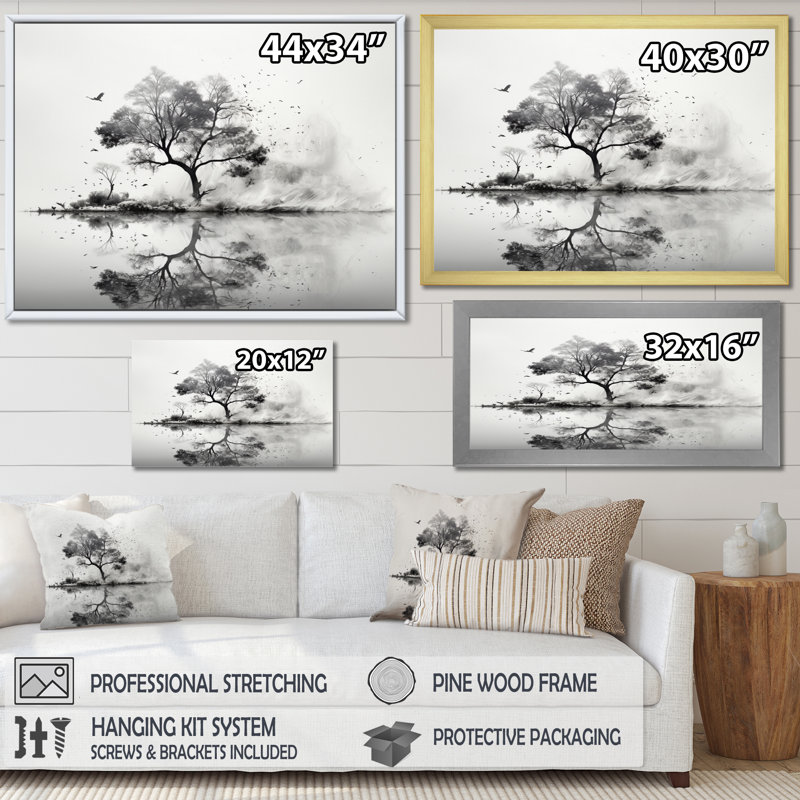 «Gray White Minimalisme Tree Ink Harmony II» sur toile imprimée, Toile tendue, H 12 po x l 20 po x P 1 po