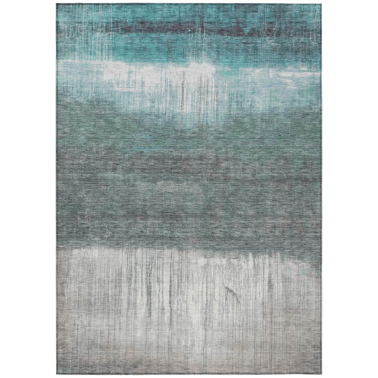Machine Washable Indoor/Outdoor Xhevrie Teal Rug