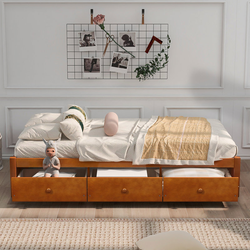 Orisfur. Lit plateforme simple avec rangement et 3 tiroirs