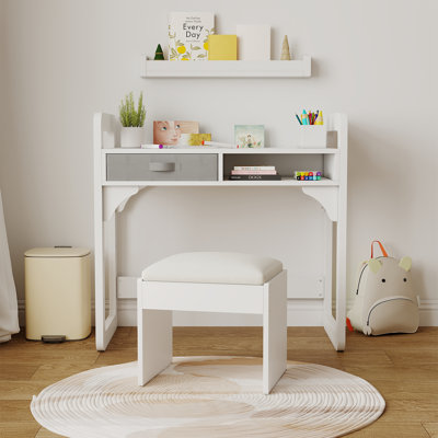 Kids Desk and Chair Set, Study Desk for Boys and Girl, Wooden Kids Writing Table with Cloth Drawers and Pen Holder, White