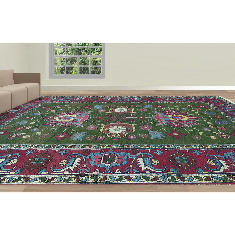Hand-Knotted High-Quality Green and Wine Area Rug