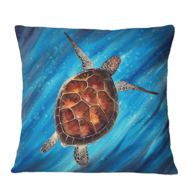Colorful Sea Turtle Swimming In Blue - Nautical & Coastal Printed Throw Pillow
