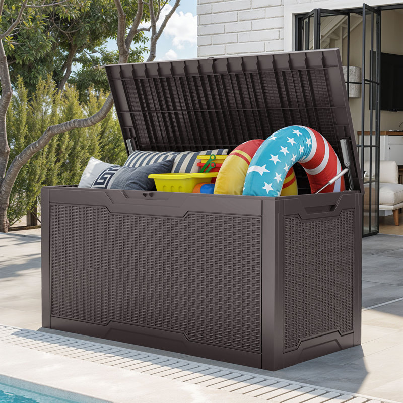 100 Gallon Outdoor Storage Deck Box Large Resin Patio Bench Lockable Container, Dark Brown