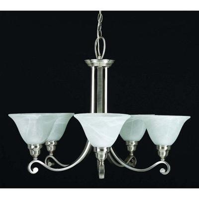 Lustre traditionnel d'intérieur 5 lumières en nickel brossé avec abat-jour cloche en albâtre