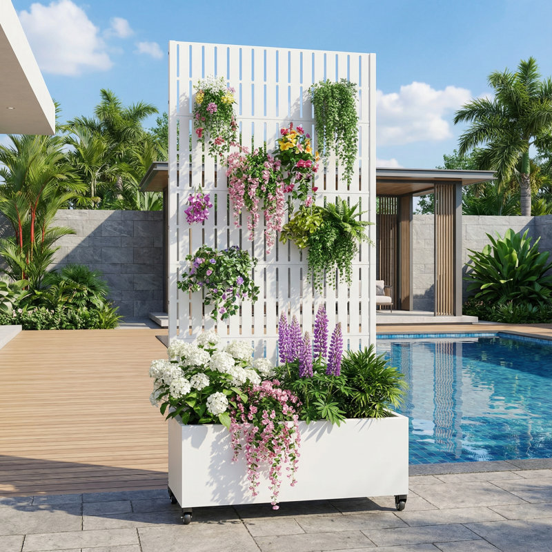 Boîte à fleurs en métal avec treillis et roues, H 72 po x l 35 po x P 16 po, Blanc, 1