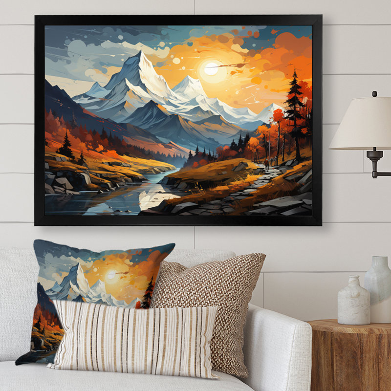 «Orange Teal Mountains Majestic Peaks Collage IV», reproduction sur toile, H 24 po x l 32 po x P 1 po, Cadre simple noir