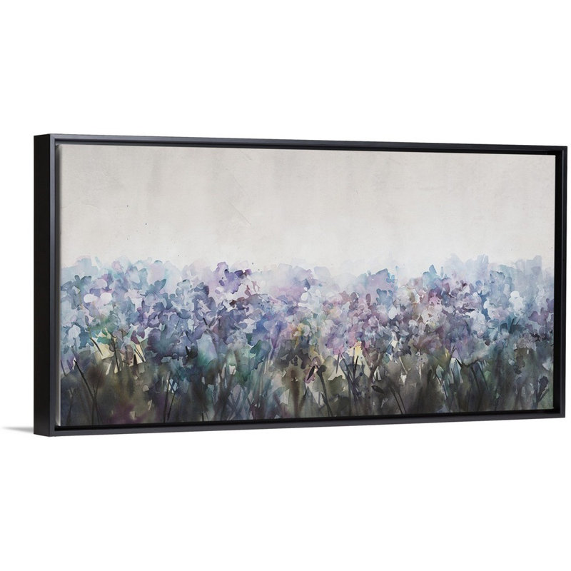 « wild iris i », peinture sur toile, H 11,7 po x l 21,7 po x p 1,75 po, Cadre flottant noir