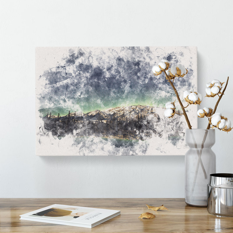 Northern Lights over in Canada Watercolour - Wrapped Canvas, 60cm H x 91cm W x 3cm D