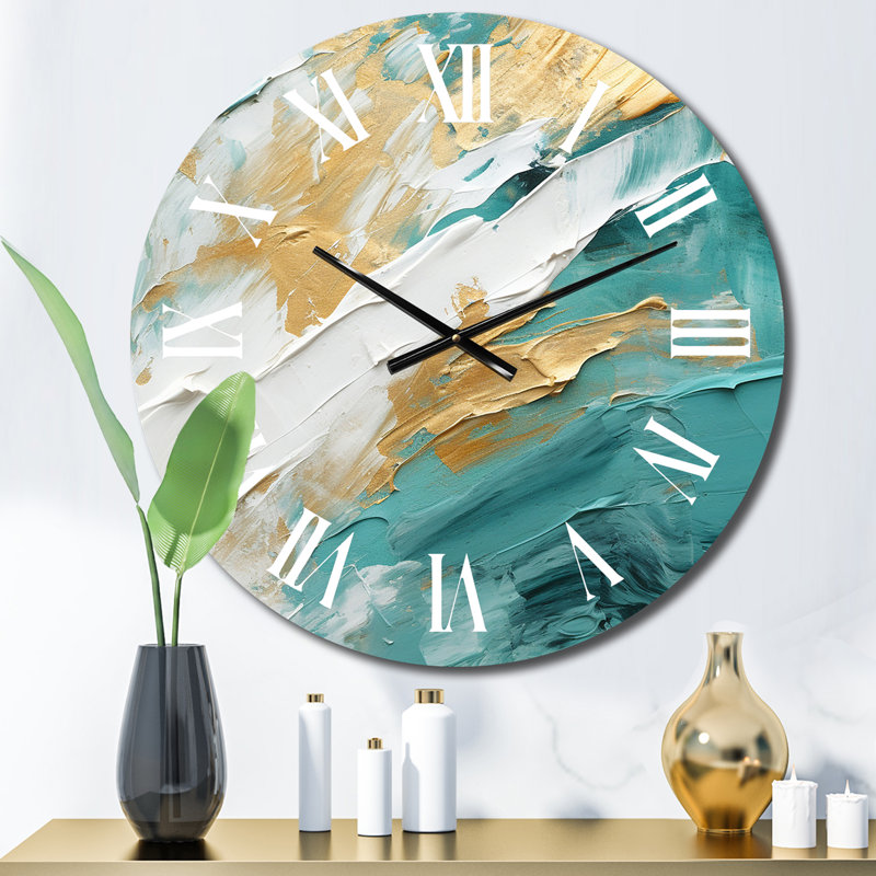 Golden Morning Glory, peinture sur fond or bleu sarcelle I - Horloge murale moderne Mid-Century, Petit