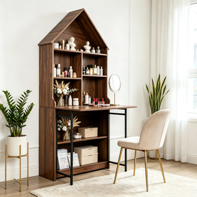 Folding Craft Desk with Storage Shelves, Convertible Hideaway Desk to Bookshelf, Foldable Desk with Storage, Disappearing Desk for Small Spaces, Multifunctional Converted Craft Table, Vanity Desk