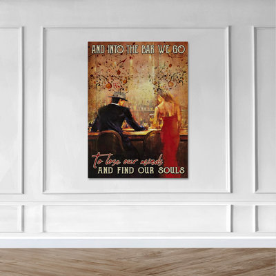 Couple In Bar With Music - And Into The Bar We Go To Lose Our Mind And Find Our Souls Gallery Wrapped Canvas - People Illustration Decor, Red And Black Living Room Decor