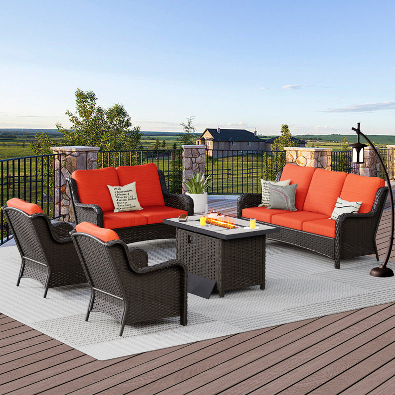8 - Person Patio Conversation Set with Cushions, Orange Red, Brown