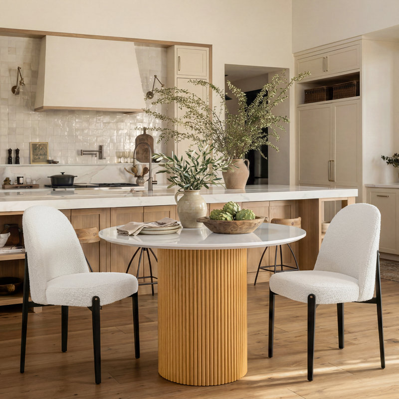 42" Modern Round Dining Table Set, 3-Piece Faux Marble Kitchen Table With Bouclé Upholstered Chairs, White