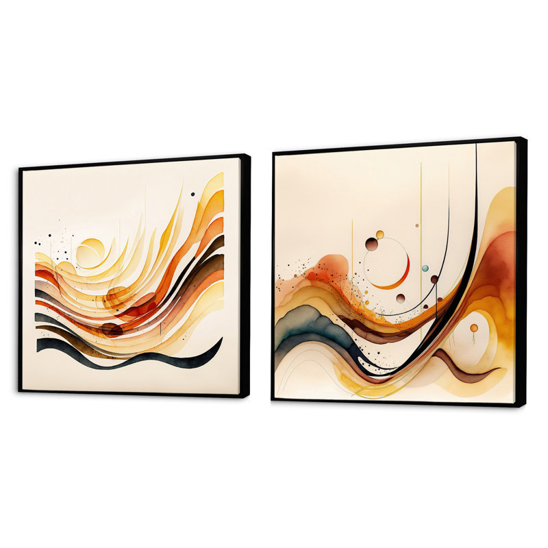 Burnt Orange Waves Abstract - Modern Square Collage Set Of 2, Black Floater Framed, 36" H x 73" W