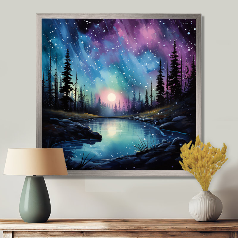 Aurores boréales dansant sur une reproduction sur toile, H 24 po x l 24 po x P 1 po, Cadre simple argenté