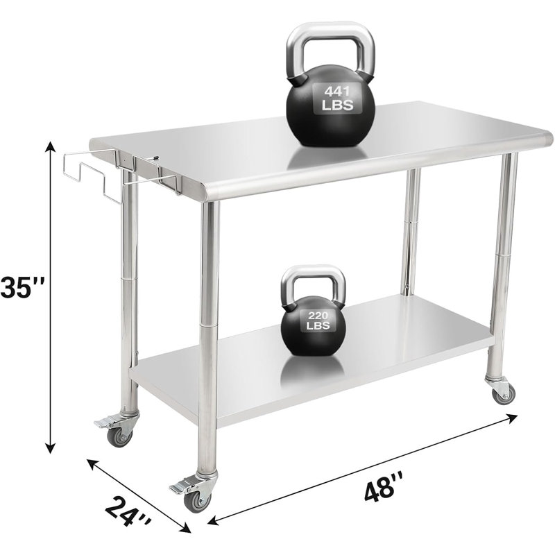 Commercial Stainless Steel Table, Heavy-Duty Prep Table with Undershelf for Versatile Workspaces,Versatile Worktable with Backsplash & Hooks for Kitchen