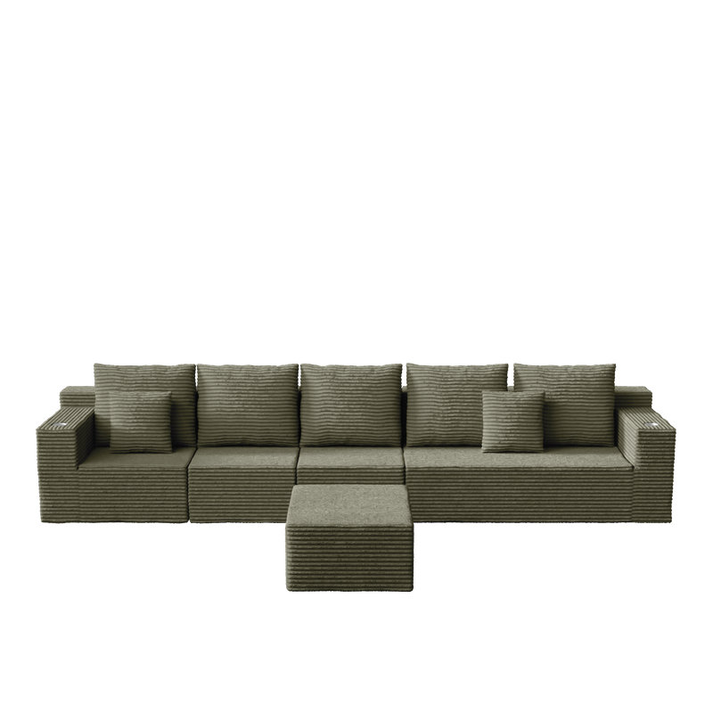 Canapé modulaire en L en velours côtelé avec porte-gobelets et repose-pieds mobile, Velours côtelé vert