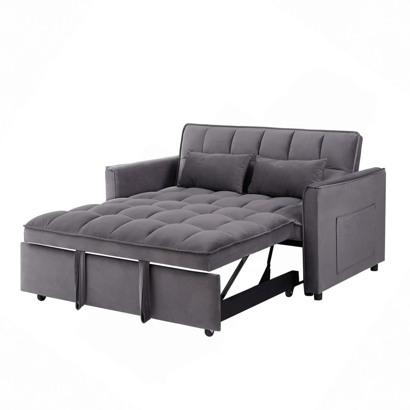 55.1" 3-In-1 Convertible Sofa Bed, Modern Velvet Double Sofa Futon Sofa Bed With Adjustable Back, Storage Bag And Pillow, For Living Room, Bedroom