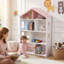 Bibliothèque en bois pour maison de poupée avec rangement à 4 niveaux pour enfants, blanc et rose avec toit