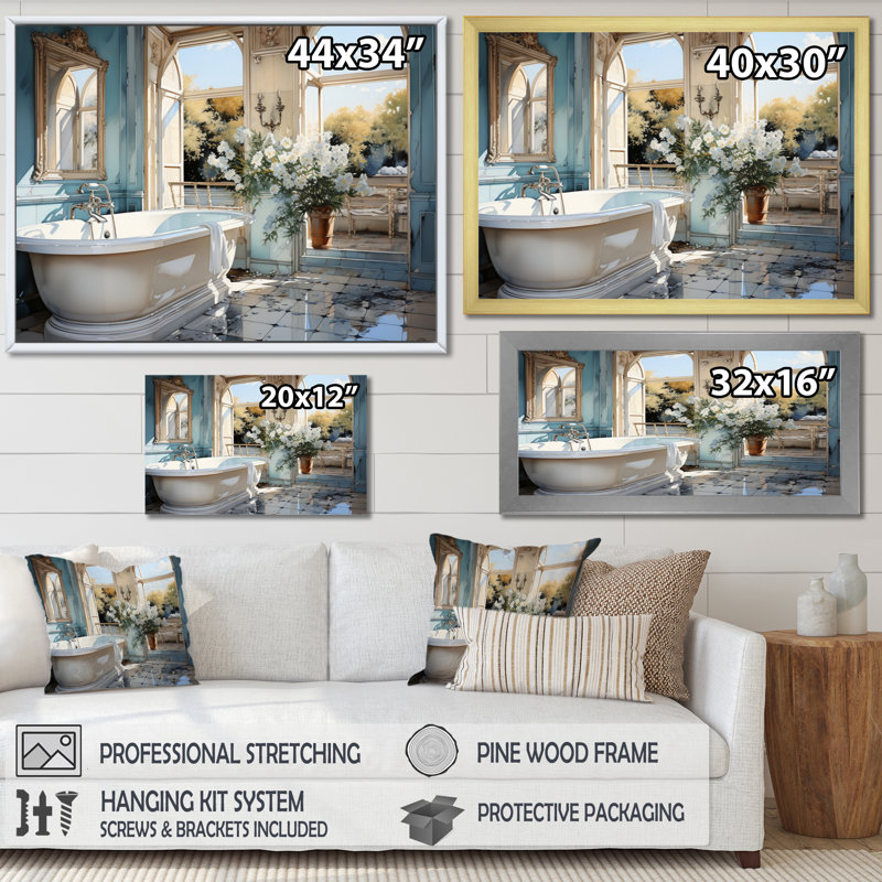 Bathroom Bathroom Reflections Of I - Impression sur toile encadrée, Cadre flottant doré, H 24 po x l 32 po x P 1 po
