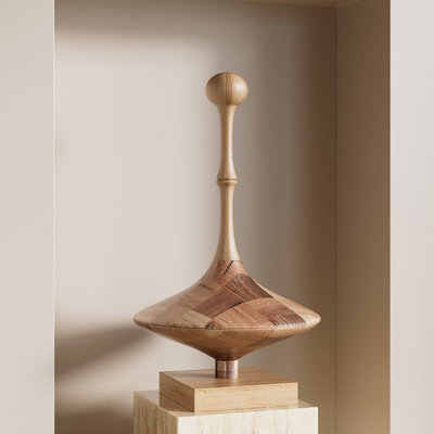 Wabi Sabi Style Wood Fiberglass Tabletop Sculpture, Spinning Top Shaped Freestanding Ornament For Cabinet Console Surface Decoration