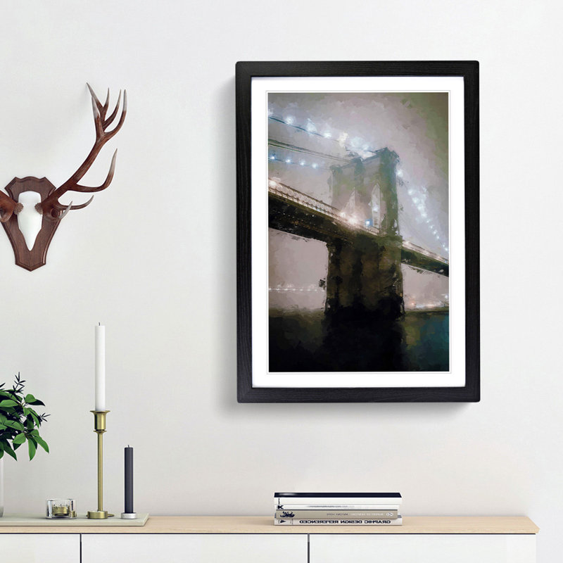 Lights of Brooklyn Bridge in Abstract - Picture Frame Graphic Art Print, 87cm H x 62cm W x 2cm D, Black Framed