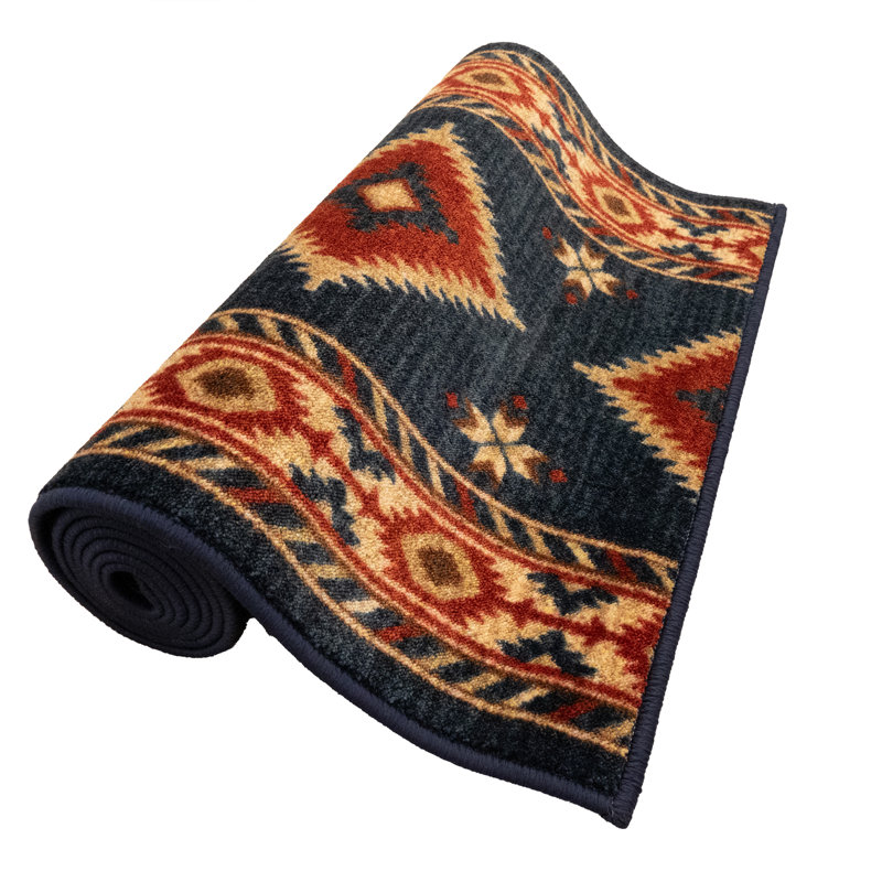 Custom Size Canvas Backing Premium Hotel Quality Southwestern Tribal Navy and Beige Runner Rug, Runner 3' x 33'