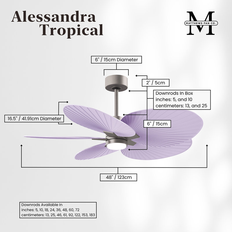 Alessandra Tropical - Five Blade Ceiling Fan - Integrated LED -Matte Black Finish -Light Blue Blades, Lilac, Brushed Nickel