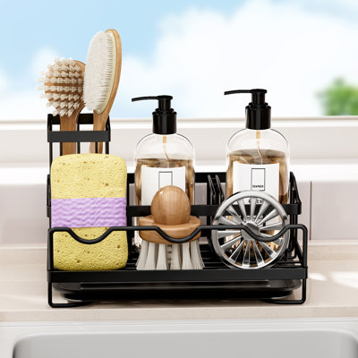 Sink Caddy Organizer With Brush Holder And Removable Drip Tray,Sponge Holder For Kitchen Sink, Kitchen Countertop Organizer With Divider