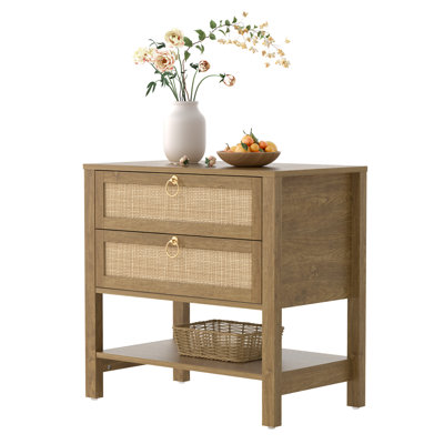 Pomodoro Rattan Nightstand With 2-Drawer And 1 Open Shelf