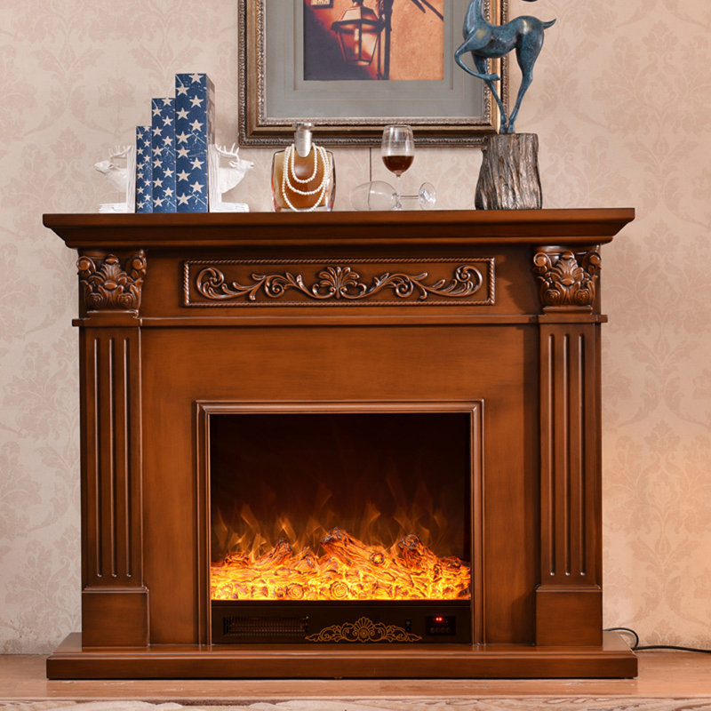 European-style solid wood decorative fireplace cabinet with simulated fire core, 40.16" H x 47.24" W x 12.99" D, Brown
