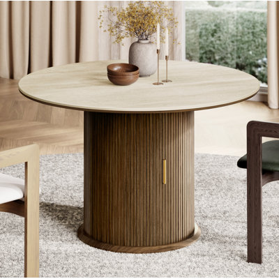 43.31'' Round Sintered Stone Dining Table With Storage Pedestal Base, Walnut
