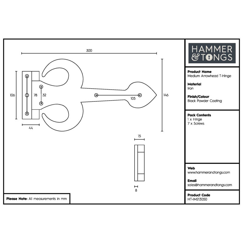 Hammer & Tongs - Arrowhead T-Hinge - W300mm - Black