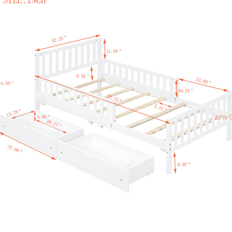 Lit plateforme simple avec garde-corps et rangement - Élévations en bois blanches Allure, Lit simple, White